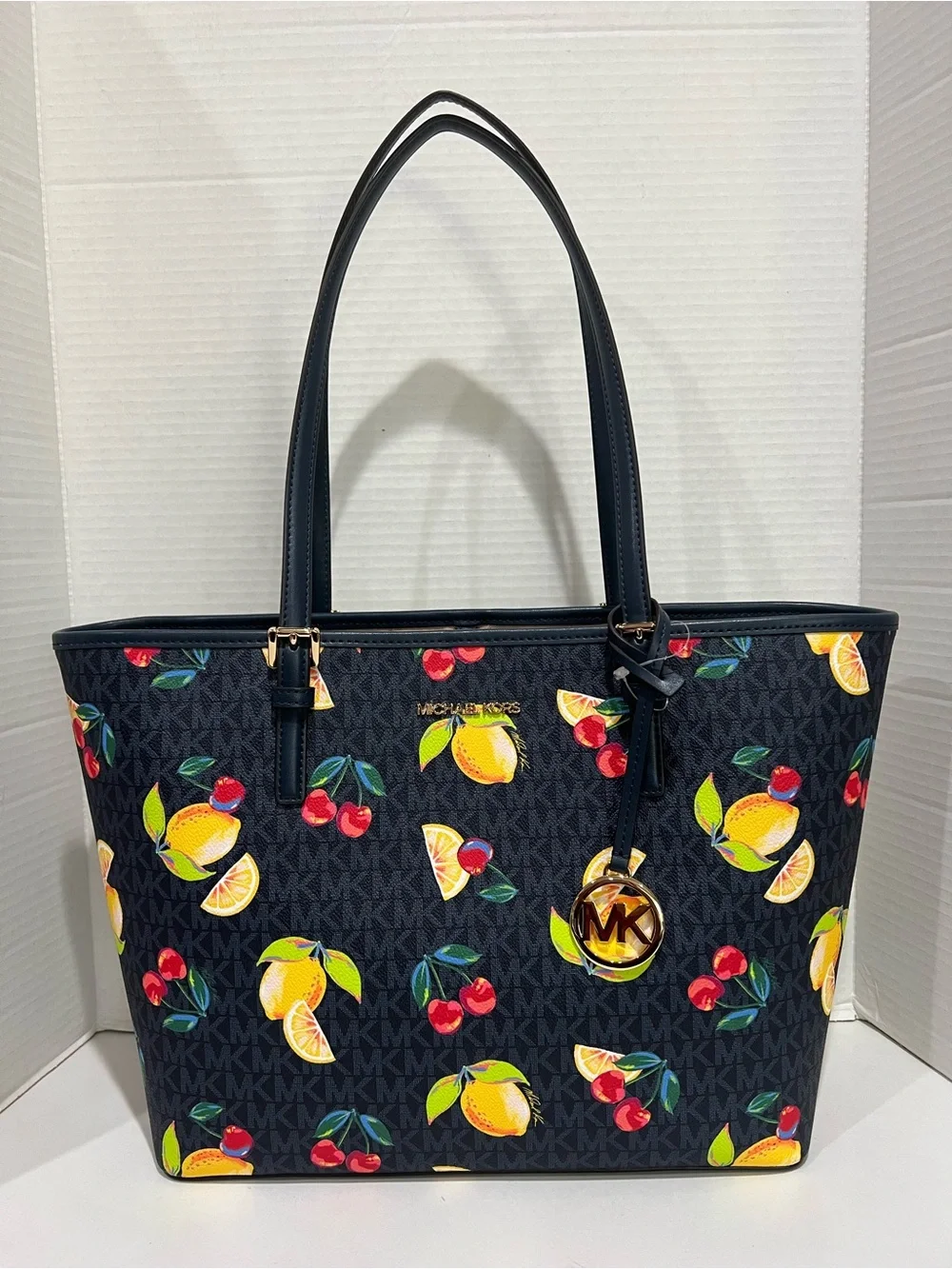 Michael Kors Jet Set Tote Bag Lemon and Cherry Print Navy NWT